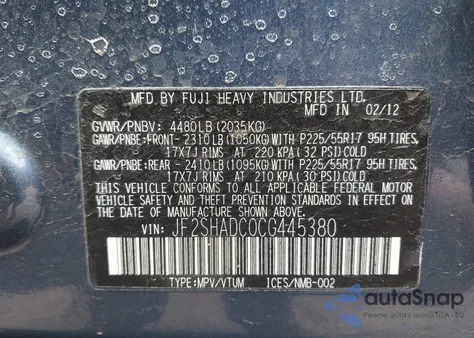 2012 Subaru Forester 2.5X Premium из США, поврежденный, VIN JF2SHADC0CG445380